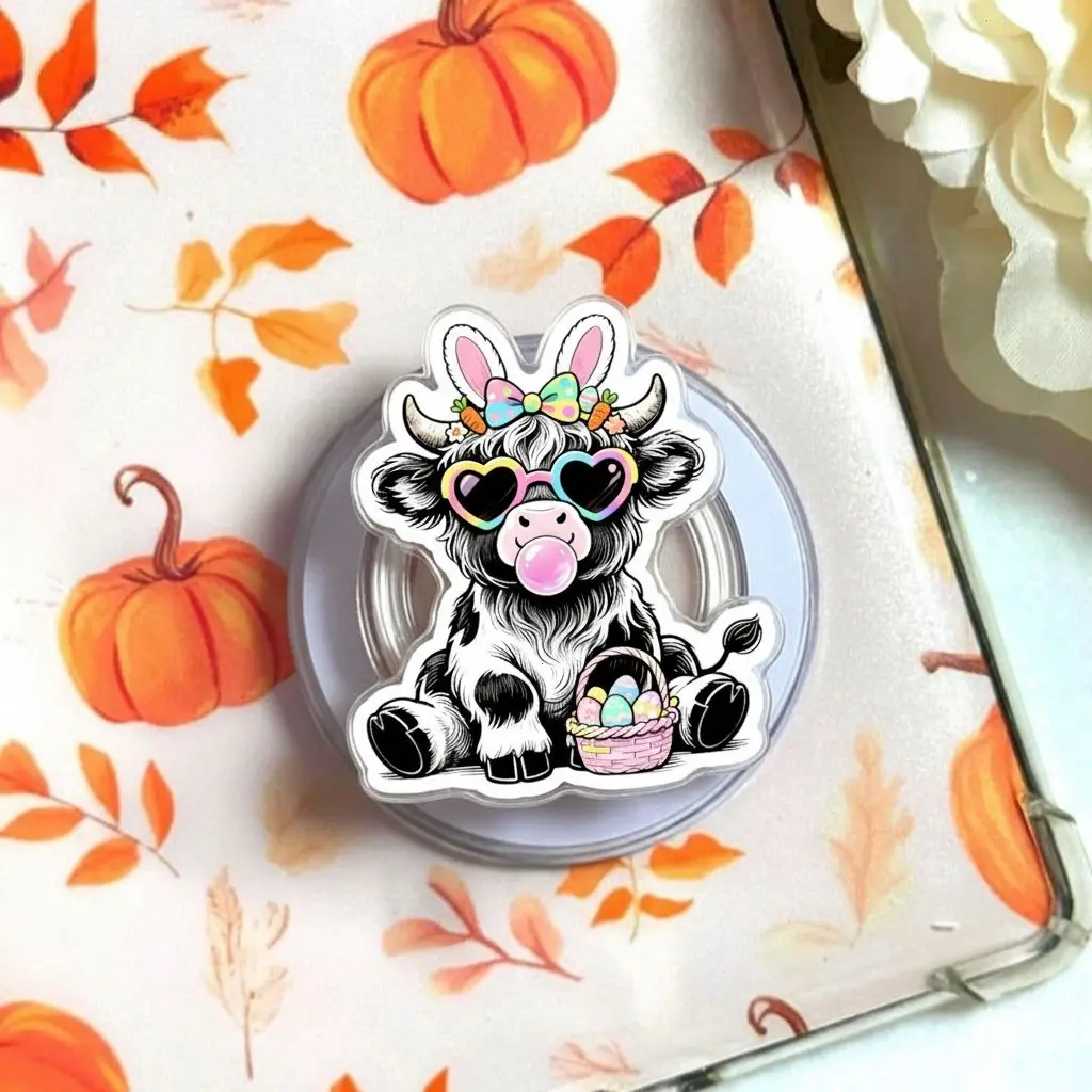 Highland Cow Easter Magnetic Phone Grip, Cute Easter Egg Floral Highlander Magsafe Kickstand, Trendy Preppy Animal Lover Gift
