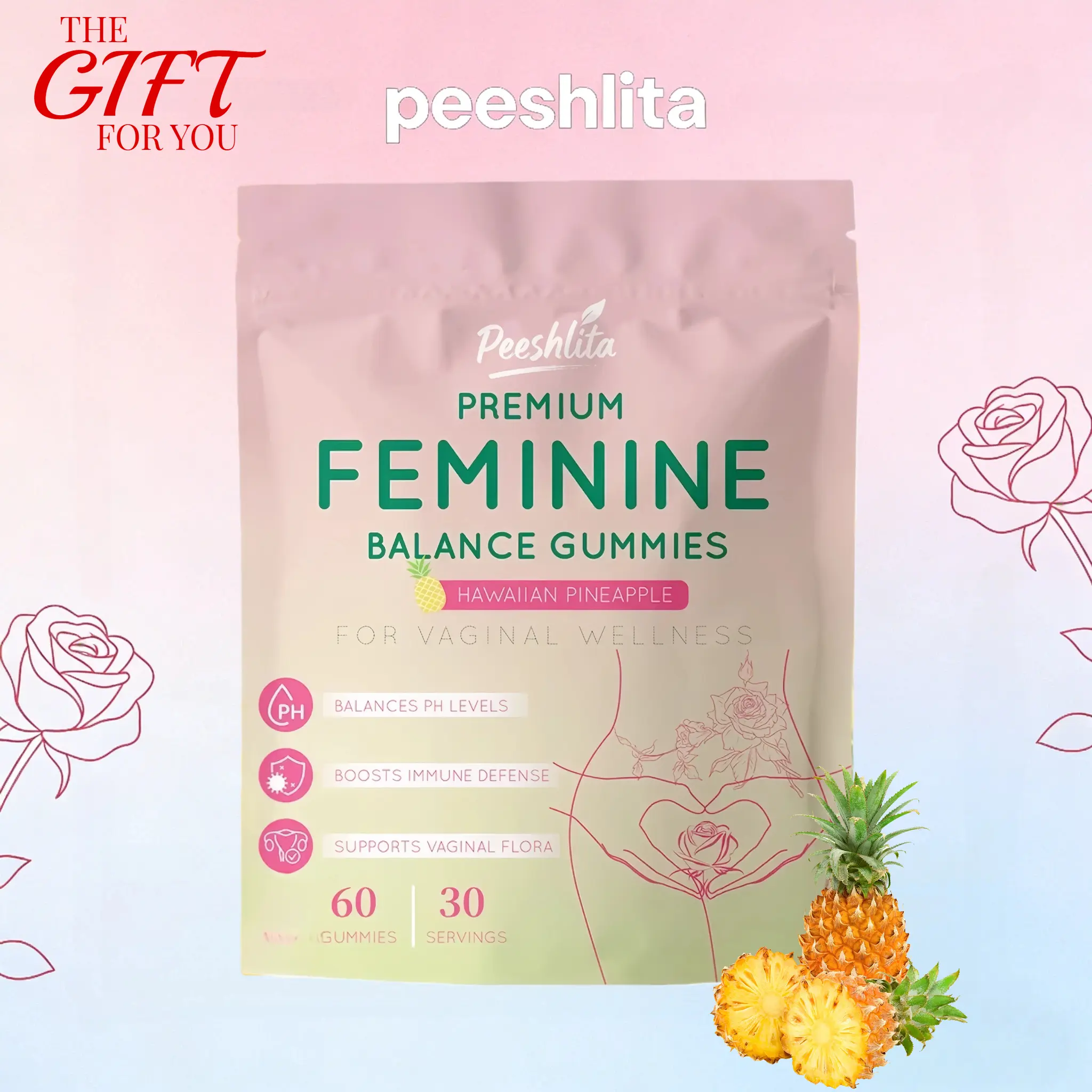 Peeshlita CORE Chewable Probiotic Gummies for Women - Natural Dietary Supplement, Feminine pH Balance Support, Gut Health, Vitality, Hawaiian Pineapple Flavor, Third-Party Lab Tested, Plant-Based, Dairy-Free, Valentine's Day Gift