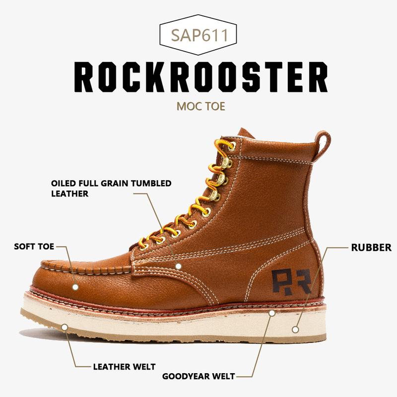 ROCKROOSTER Norwood Soft Toe Men's 6-inch Wedge Work Boots Closed Moc Toe Safety Water Resistant Leather Boots with PORON Materials & Rubber Outsoles ASTM F2892-18 EH Compliant - Walking Shoes ROCKROOSTER Norwood Soft Toe Men's 6-inch Wedge Work Boots Closed Moc Toe Safety Water Resistant Leather Boots with PORON Materials & Rubber Outsoles ASTM F2892-18 EH Compliant - Walking Shoes