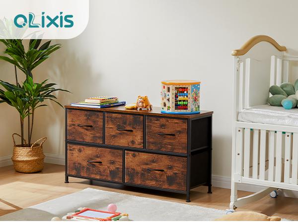 【Deal】Organizer Storage 5, Chest of Drawers with Fabric Bins, Long Dresser with Wood Top for Bedroom, Closet, Entryway