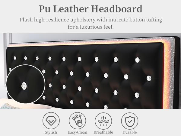 Sibeds Full LED Galaxy Bed Frame Set, Modern Smart Upholstered Platform Bed with Storage Drawers, Crystal Button Tufted Headboard, Solid Slat Support, Noise-Free, No Box Spring Needed, PU & Velvet, Black/White/Gray/Beige