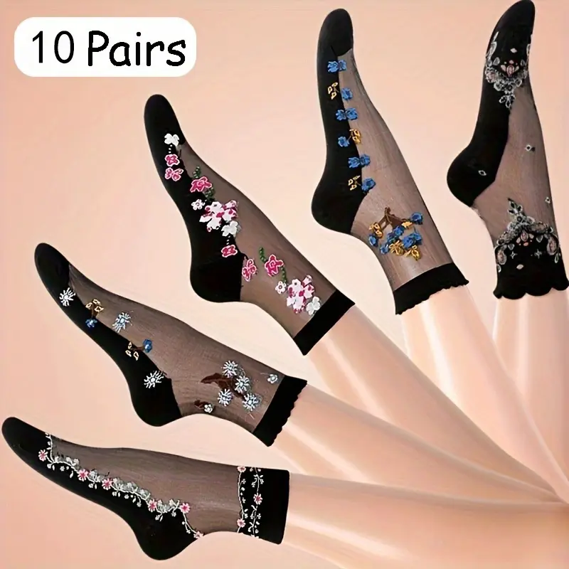Vibrant Floral Patterned Glass Socks - 10 Pairs of Soft, Breathable Mid Tube Socks for Women - Comfortable Casual Attire, Work, or Special Occasions Everyday Style