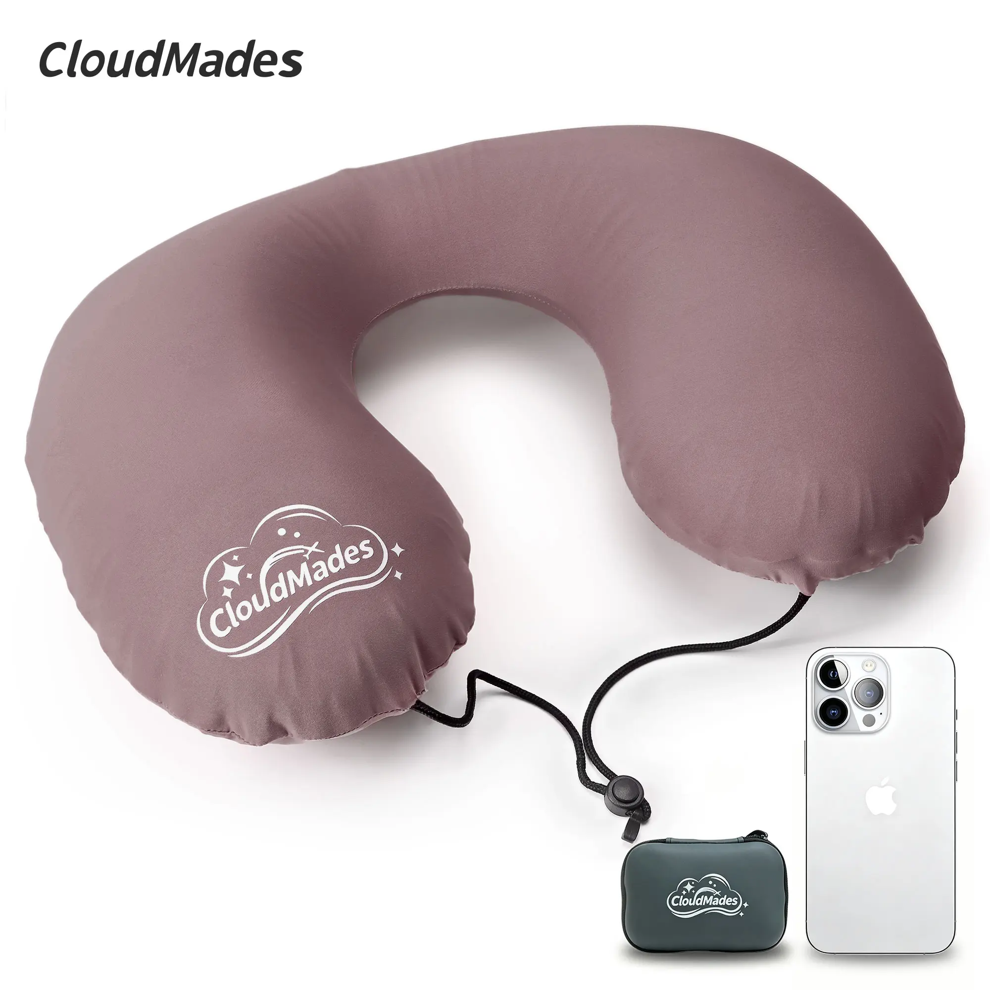 CloudMades Ultralight Travel Neck Pillow, Inflatable Pillow with 360° Head Support, Only 2.4 oz, Breathable Washable Cover, Portable Storage Box, Ideal for Airplane, Train & Car Travel (Purple)