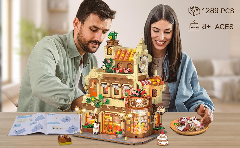 City Bakery Cafe House Building Set with Light, 1289 PCS Baking Shop Toy for Ages 8-12+ - Includes Coffee Cake, Soft Bread, and Light Sets Adjustable