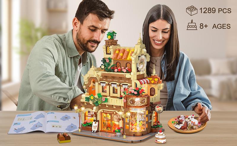 City Bakery Cafe House Building Set with Light, 1289 PCS Baking Shop Toy for Ages 8-12+ - Includes Coffee Cake, Soft Bread, and Light Sets Adjustable