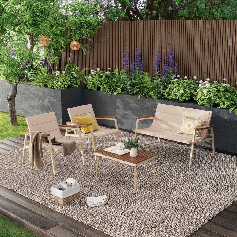 Suntone Modern 4-Piece Patio Conversation Set All-Weather Outdoor Furniture with Acacia Wood Table & Beige Cushions