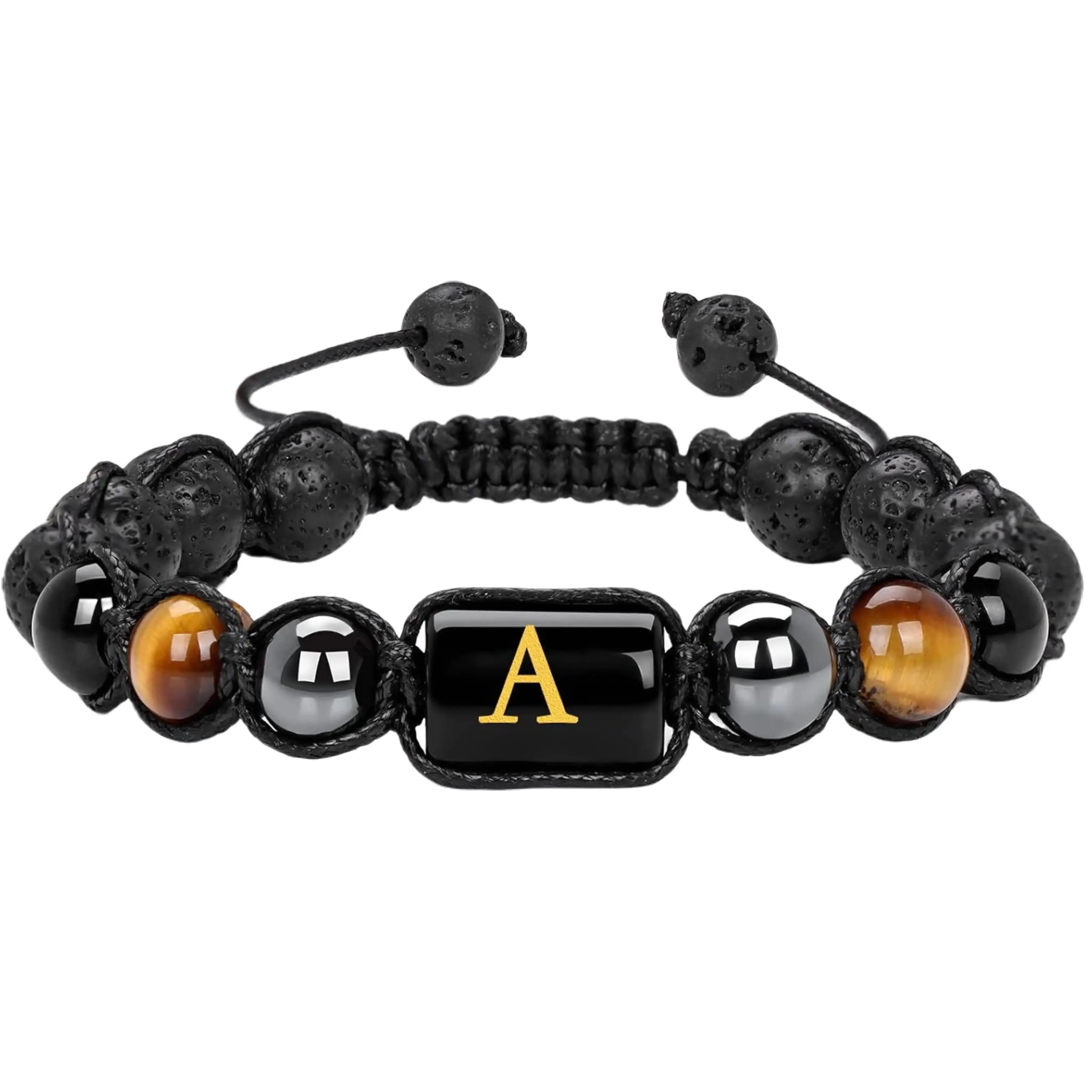 Initial Beaded Bracelets for Men 8mm Tiger Eye Obsidian Hematite Triple Protection Handmade Mens Letter Lava Rock Stone Bracelet Stress Relief Adjustable Hypoallergenic Elastic Cord Gift for Dad