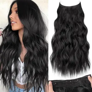 Black Invisible Wire Hair Extensions with Transparent Headband Adjustable Size 4 Secure Clips Black Long Wavy Synthetic Hairpiece 20 Inch for Women