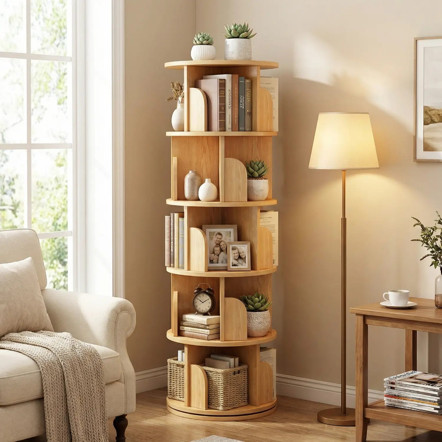 Spaco Modern 5-Tier 360° Rotating Round Natural Wood Tone Bookshelf Tower - Assembly-Required Storage Furniture, Rotating 360°/360 Rotatable/Swivel Cabinets, Racks & Shelves for Small Spaces Living Room