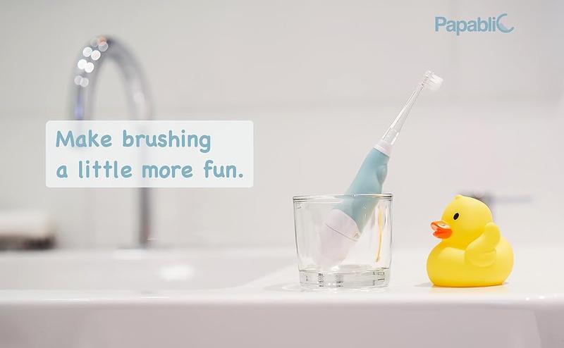 Papablic Baby Electric Toothbrush 0-3 Years, 2-in-1 Auto Brush with FDA Silicone , Dentist Approved for Toddler Teeth Care, Daily Oral Hydiene Tools, Stop Bedtime Fights