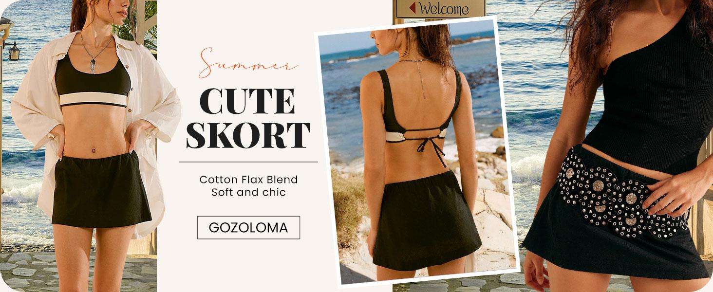 Yeokou Women's Petite Skorts Cotton-Linen Mini Skirt with Built-in Shorts A-line Style for Beach & Casual Wear