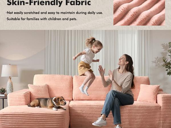 HOOOWOOO 106" Modular Pink Cloud Couch with Chaise Lounge, 【2 Packages Shipping】Modern Sectional Boneless L-Shaped Modular Plush Corduroy Sofa for Living Room Bedroom, No Assembly Required, Pink