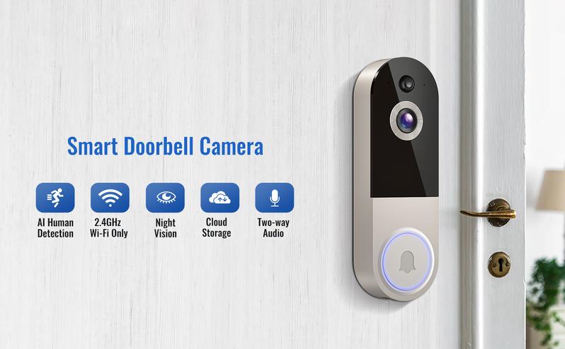 Doorbell Camera Wireless, Smart WiFi Video Doorbell, 1080P, Video Doorbell Camera with 2 Way Audio, AI Human Detection, Night Vision, Cloud Storage, Battery Powered, Easy Installation, 2.4G WiFi Only