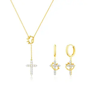 Dearmay Zircon Cross Gold Necklace for Women Crown and Cross Earrings Jewelry Set Gift for Teen Girls&Mother Gift for Easter