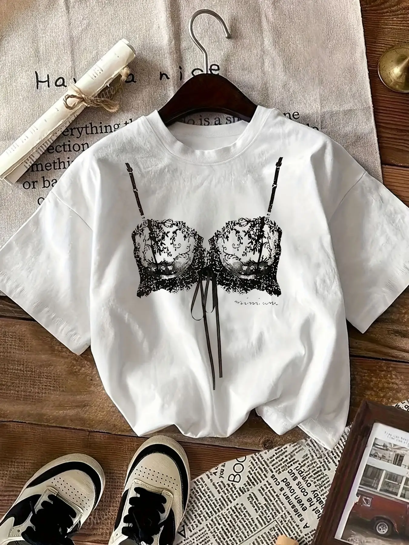 Women's Y2K Trendy Lace Lingerie Graphic T-shirt, Oversized Crewneck Short-sleeve Top, Comfortable Casual Tee, Ideal for Summer & Weekend Outings