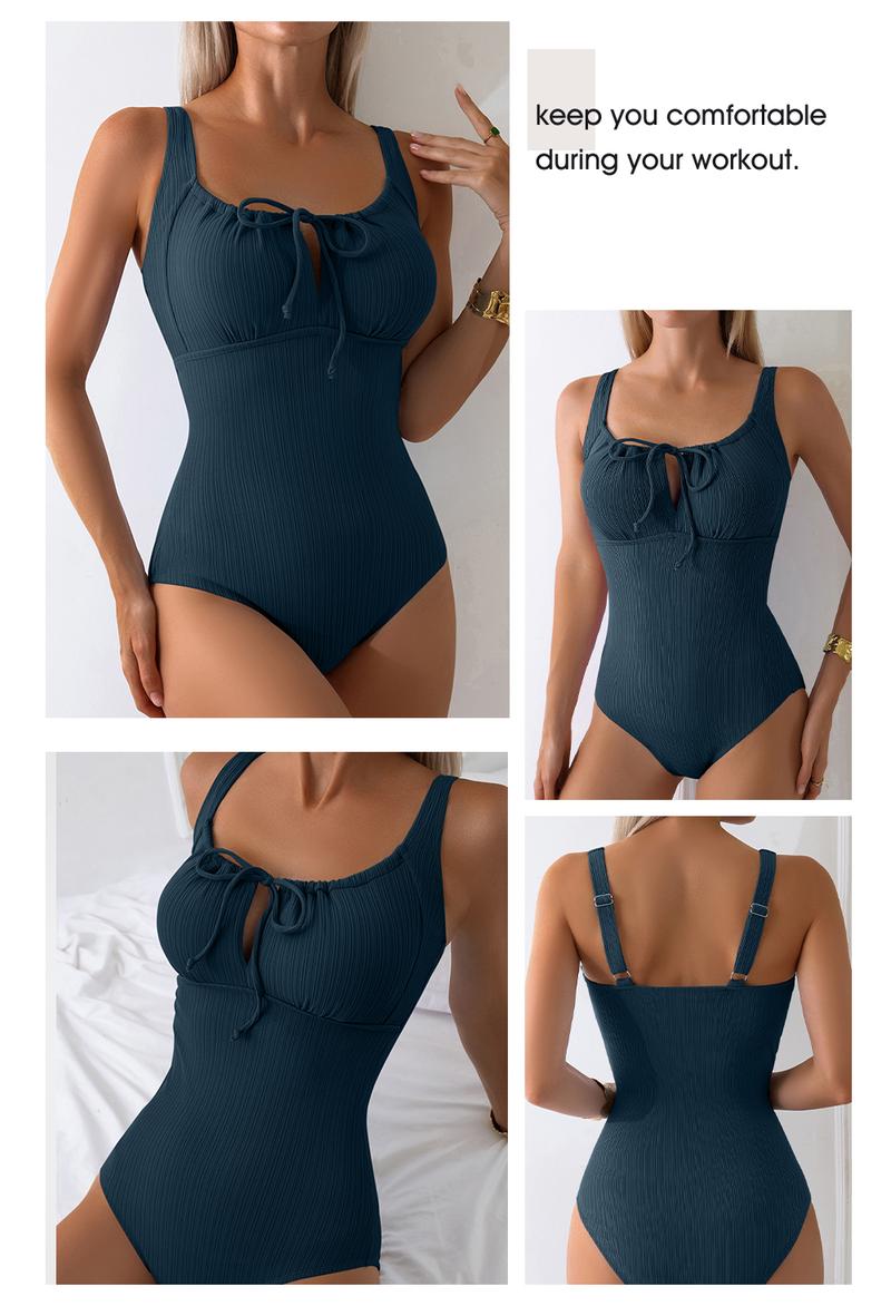Aleumdr Womens Textured One Piece Swimsuit Tummy Control Bathing Suit with Bow Tie Knot Cutout Ruching Swimwear