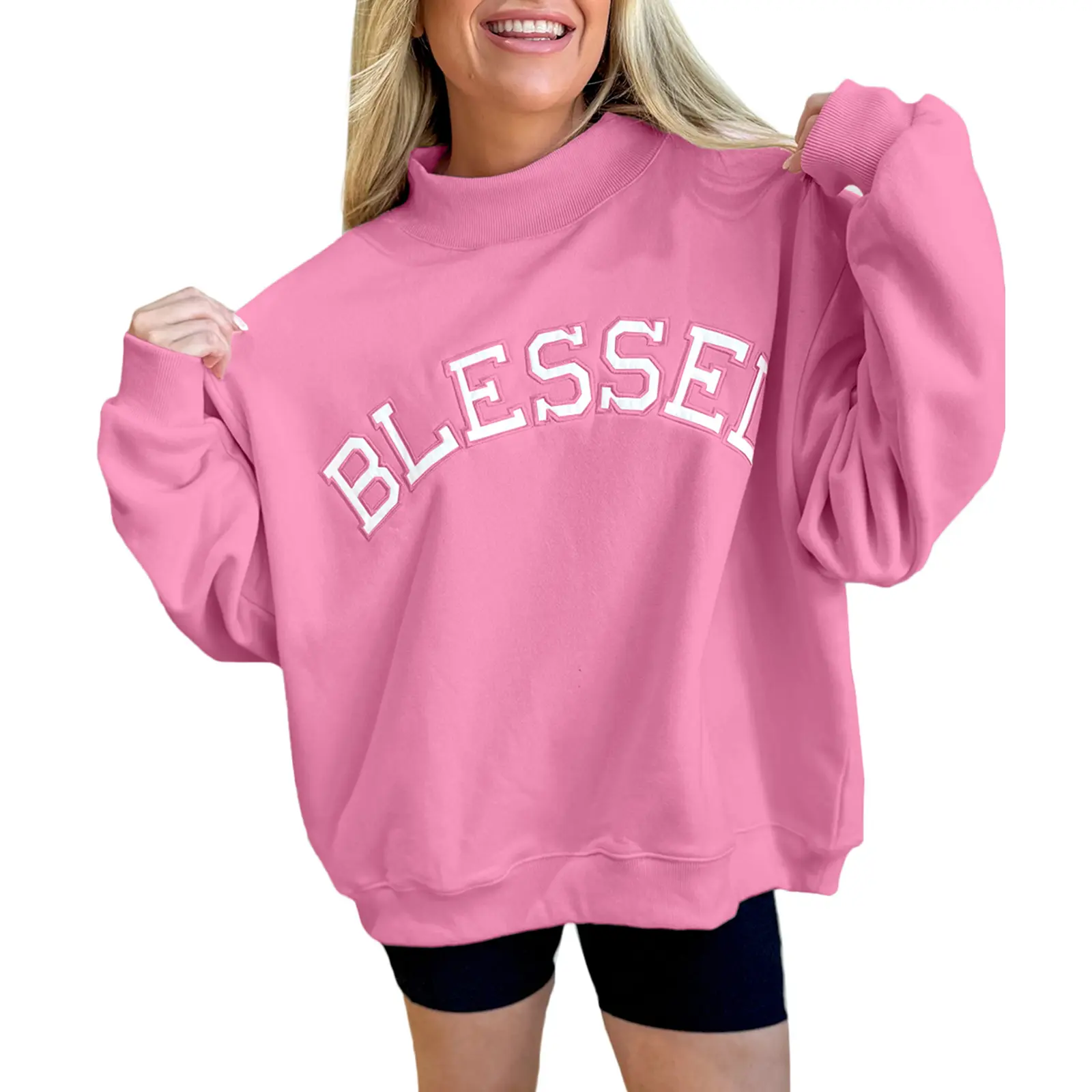 Asvivid Women's Mock Neck Sweatshirt Blessed Embroidered / Solid Casual Loose Fit Pullover Top Cute Graphic Long Sleeve Shirt Tops for Spring Fall Fashion Womenswear #sohochic