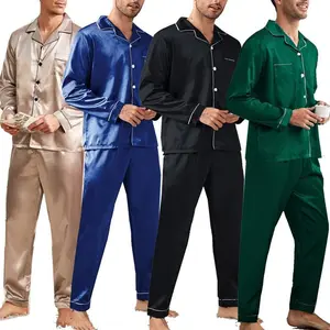 Men's Long Sleeve Soft Satin 2 Piece Pajamas Sleepwear Button Down Pjs Set Classic Loungewear