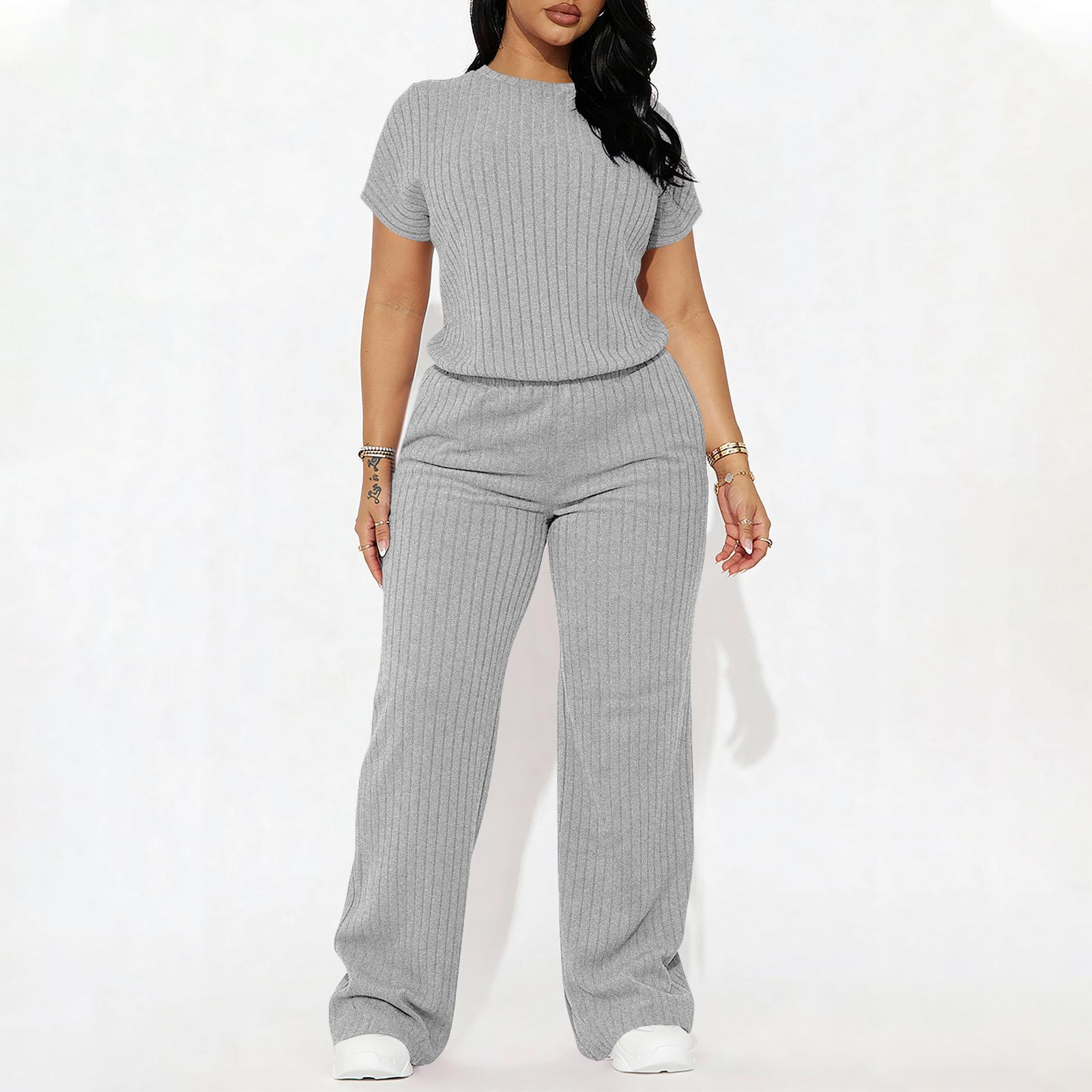 Women's Solid Shortsleeve Crewneck Ribbed Top & Wide Leg Pants Minimalist Casual Fitted Fashion Cozy Top & Trousers for Daily Outdoor Wear Ladies Clothes for Summer Womenswear Yoga Clothes Set Black Batwing Suits Suits Gamis Women's Solid Shortsleeve Crewneck Ribbed Top & Wide Leg Pants Minimalist Casual Fitted Fashion Cozy Top & Trousers for Daily Outdoor Wear Ladies Clothes for Summer Womenswear Yoga Clothes Set Black Batwing Suits Suits Gamis