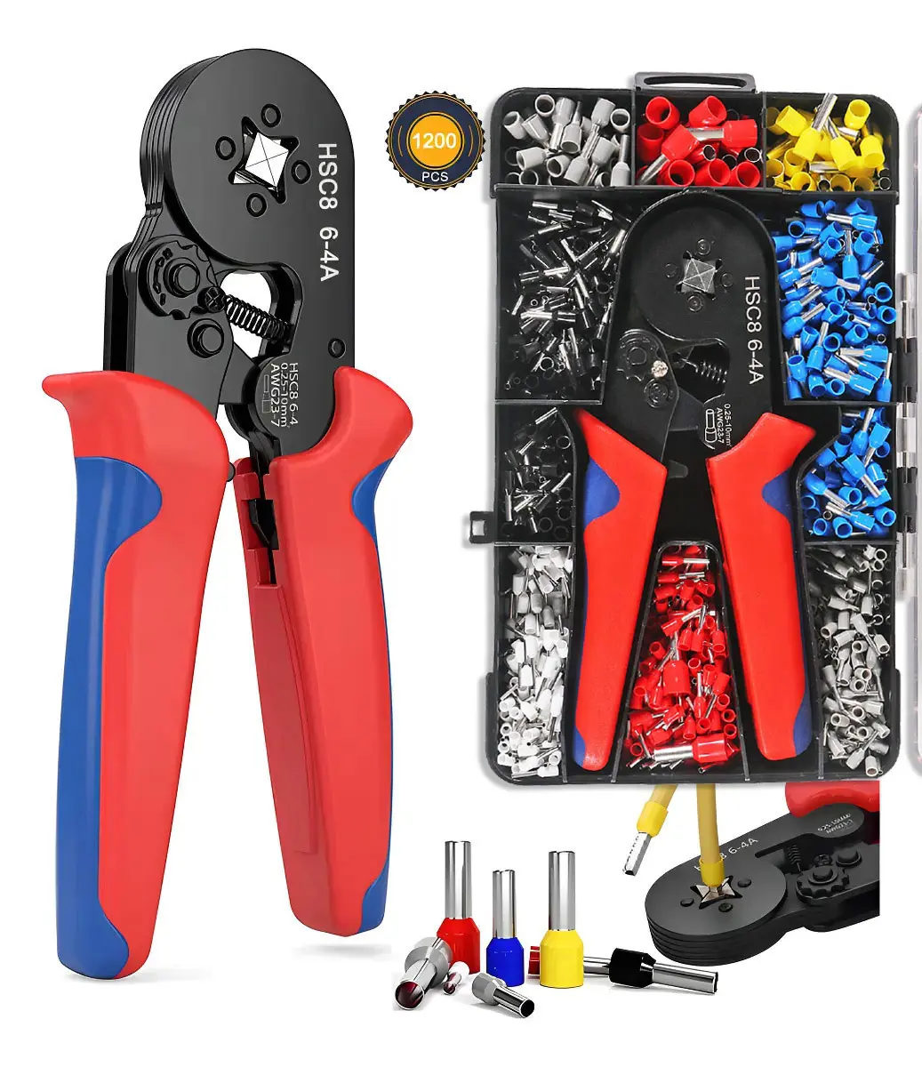 Ferrule Crimping Tool Kit with 1200pcs Wire Connectors, Insulated VE Tubular Crimp Terminals, Self-adjustable Ratchet Wire Crimping Tool Kit Crimper Plier Set HSC8 6-4A Crimping Pliers, Solderless Crimp Connectors