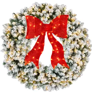 Best Choice Products Artificial Pre-Lit Flocked Fir Christmas Wreath Décor w/ Red Bow, LED Lights, Tips, Plug-In