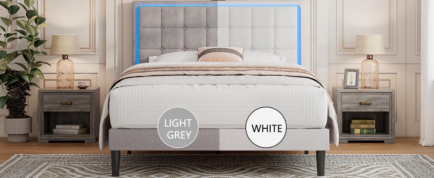 AMERLIFE Bed Frame with LED Headboard, Linen Button Tufted Upholstered Platform Bed with USB Charging Station, Strong Wooden Slats Support, No Box Spring Needed