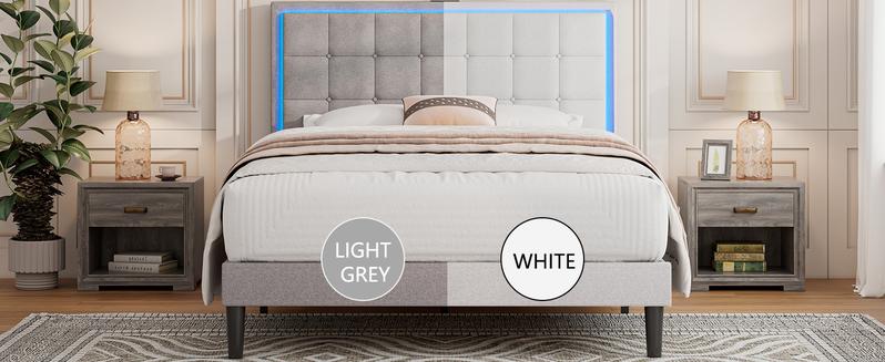 AMERLIFE Bed Frame with LED Headboard, Linen Button Tufted Upholstered Platform Bed with USB Charging Station, Strong Wooden Slats Support, No Box Spring Needed