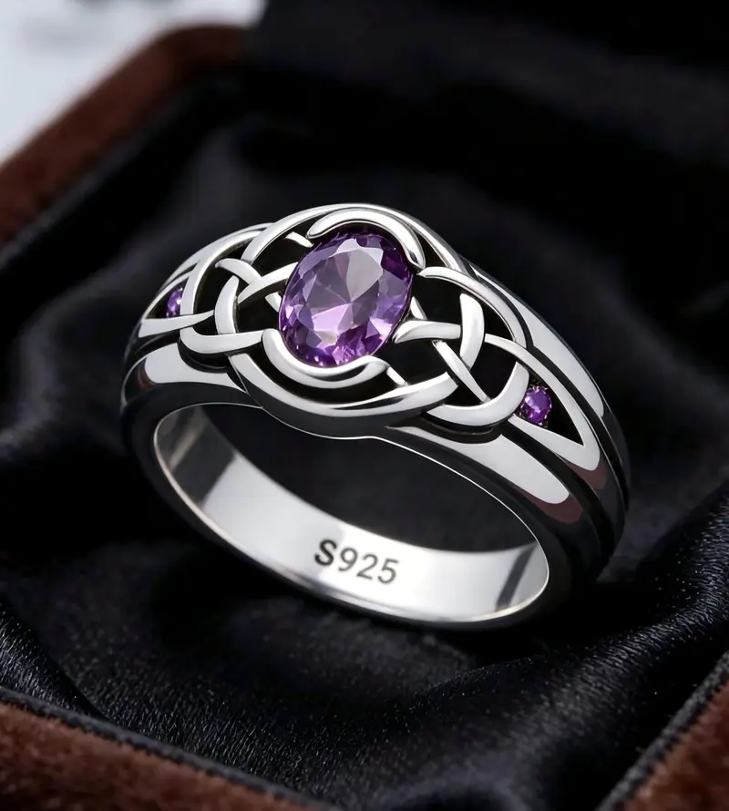 Sterling Silver Oval Amethyst Celtic Trinity Knot Wide Band Ring Unisex - S925 purple CZ hollow interwoven filigree, February birthstone, Irish Wicca statement anniversary St Patrick's Day gift