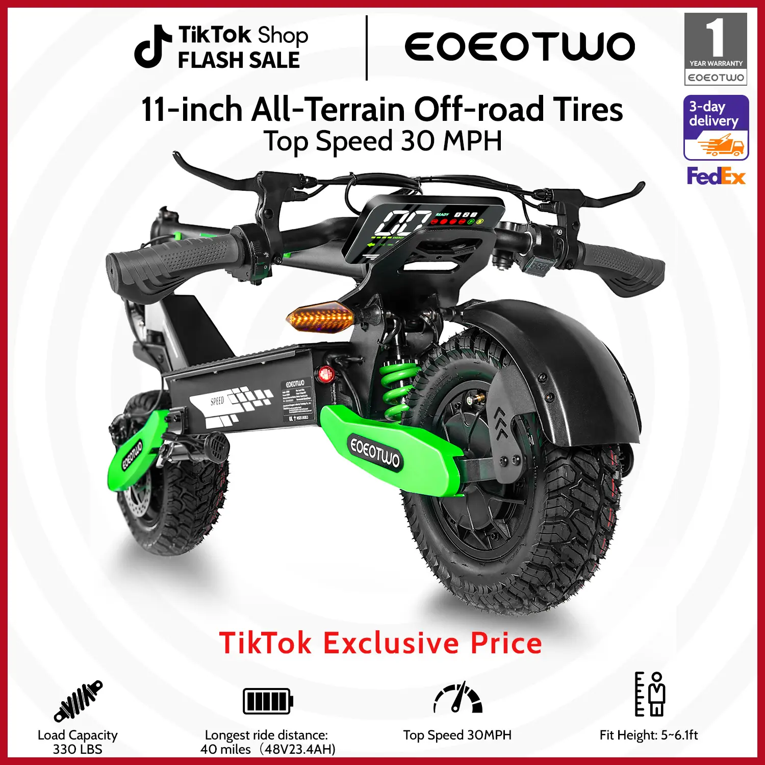 EOEOTWO GT06 Electric scooter, 40 miles of range, 30 miles per hour, 1200W  motor, 11-inch pneumatic tires, LED screen design, double suspension, maximum load capacity 330 pounds, adult commuting electric scooter