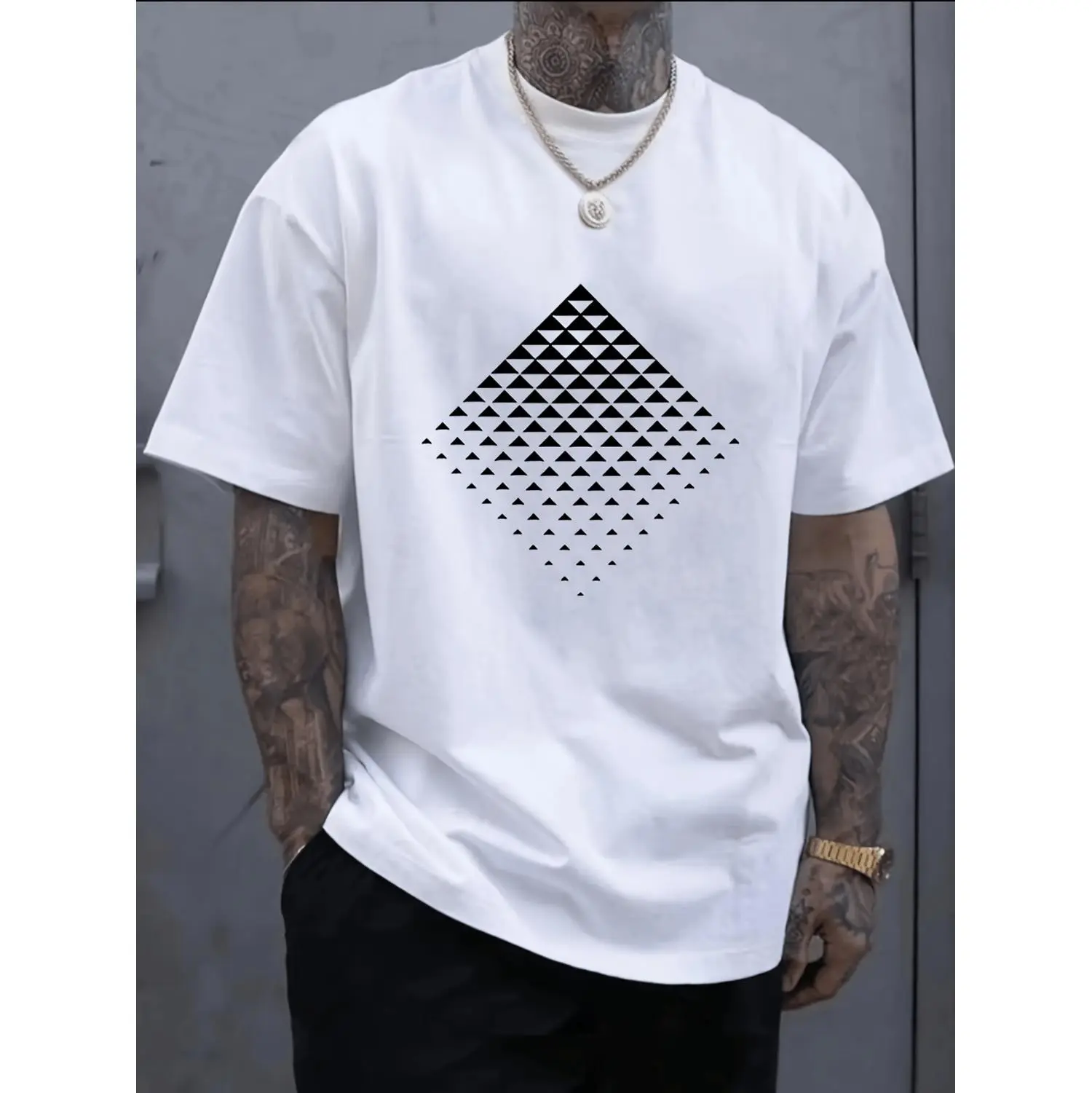 Stylish Men's 100 Cotton Geometric Print Round Neck Short Sleeve Casual T Shirt In White With Graphic Design