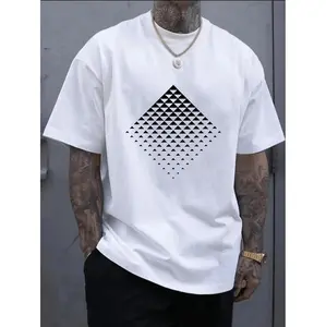 Stylish Men's 100 Cotton Geometric Print Round Neck Short Sleeve Casual T Shirt In White With Graphic Design