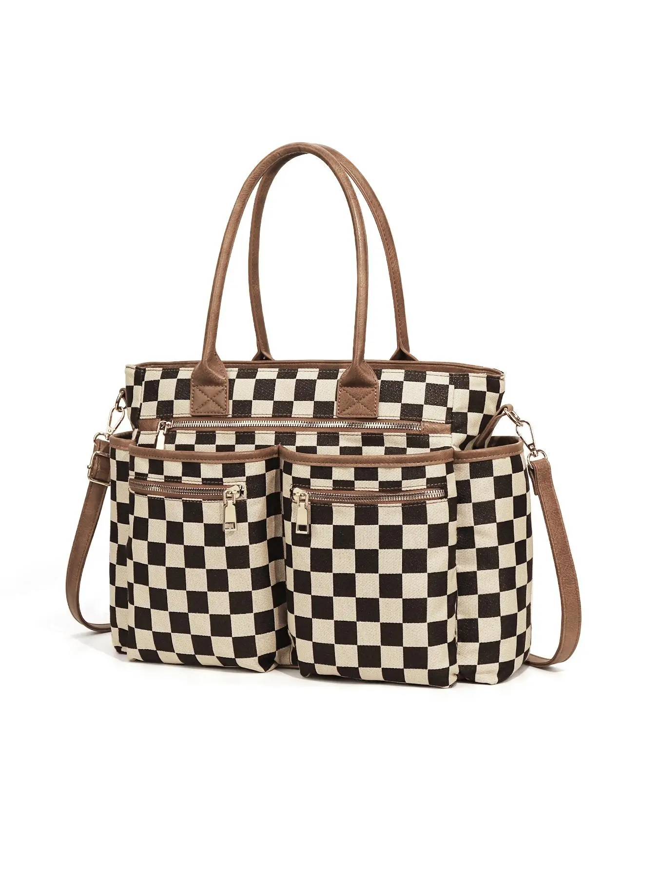 Multi-pocket canvas tote bag, Tramp shoulder bag with zippered pockets, laptop carry bag, women’s work bag, influencer teacher bag, large-capacity commuter backpack, multifunctional everyday mom bag, stylish plaid shoulder bag