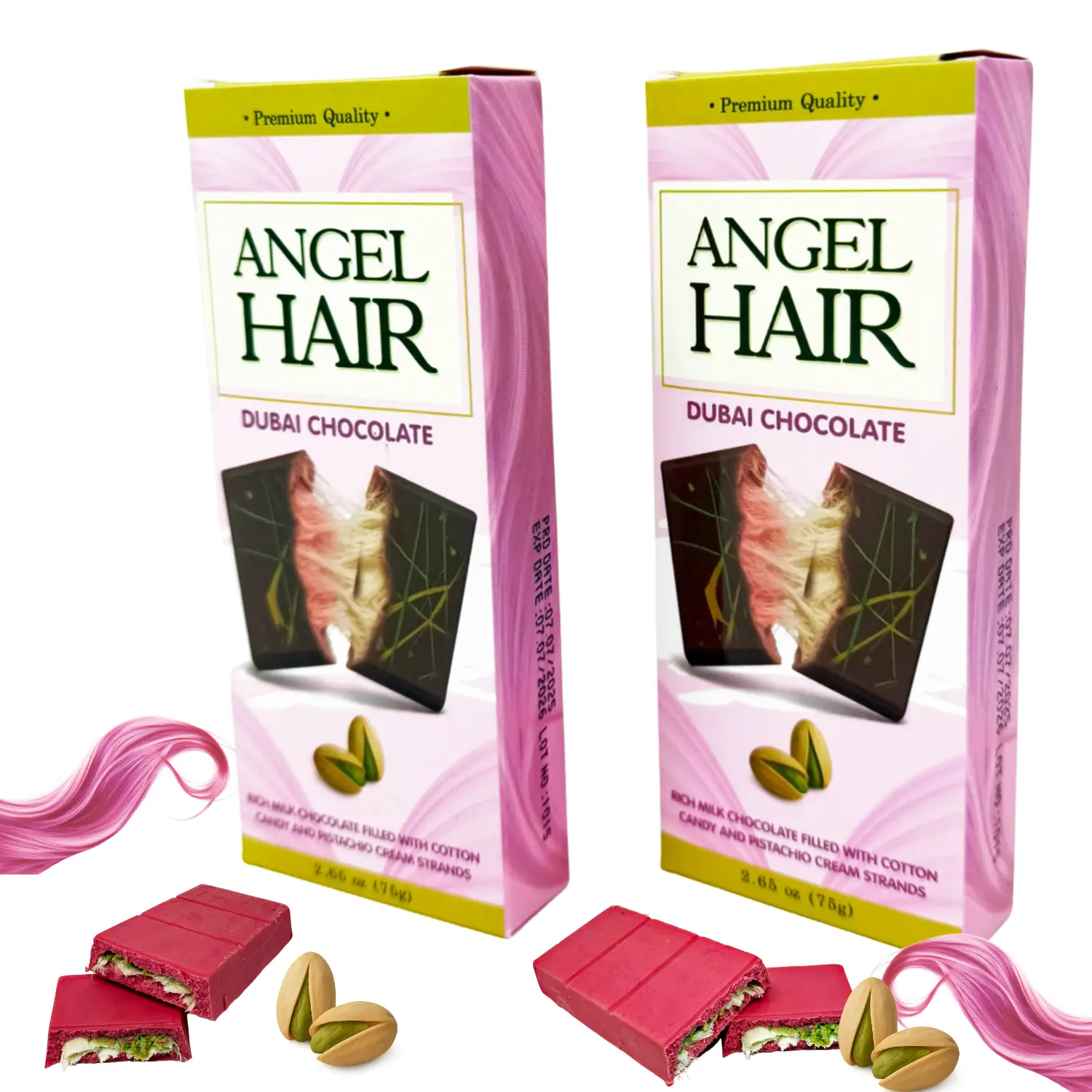 Gourmet Pink Milk Chocolate Angel Hair Bars - 2-Pack, 2.65 Oz, with Cotton Candy & Pistachio Cream, Viral Snack, Dessert Gift, Milk Chocolate with Pistachios Blocks & Bars