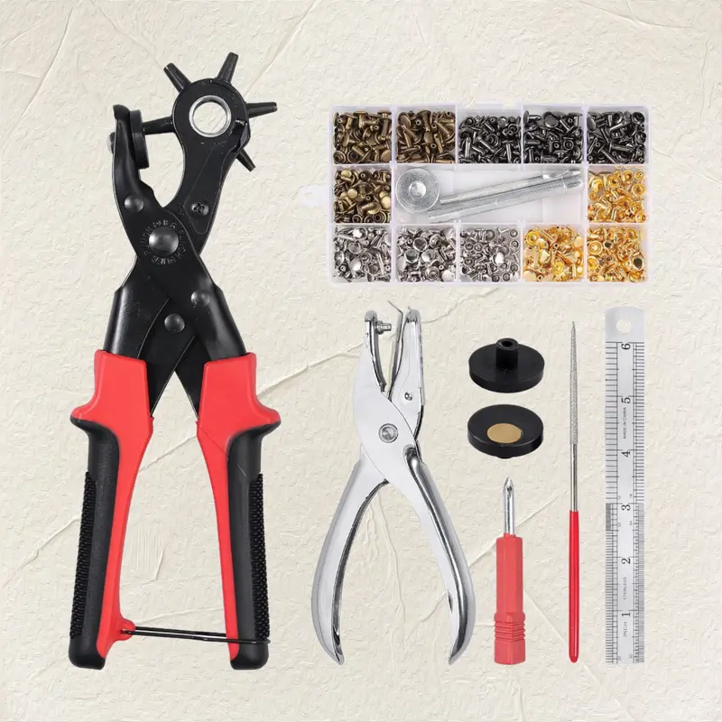 240Pcs Heavy-Duty Leather Hole Punch Kit with Punch Plier & Double Cap Rivets (4 Colors, 3 Sizes) - DIY Leather Repair Tool Set for Belts, Shoes, Bags, Jackets - Metal Rivet Tool Kit with Color-Coded Caps, Compatible with Fabric