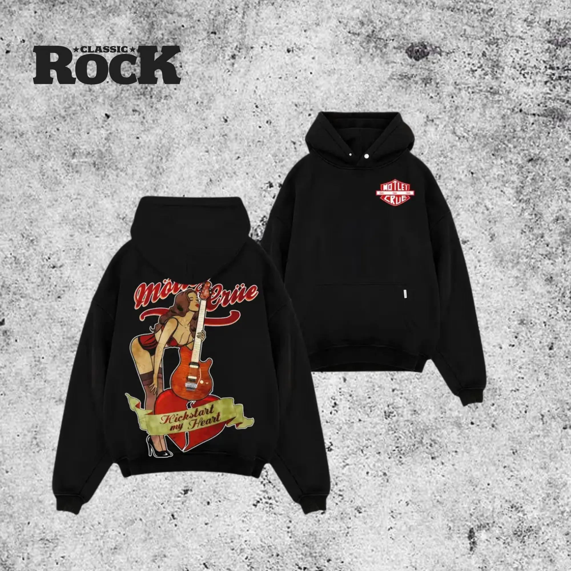 Men's Mötley Crüe Graphic Tee, Premium Washed Cotton-Spandex-Polyester Fabric Stretch Top, Seamless Casual Sweatshirt with Kickstart My Heart Back Print, Glam Metal Vintage Streetwear Fan Gift, Sweatshirts