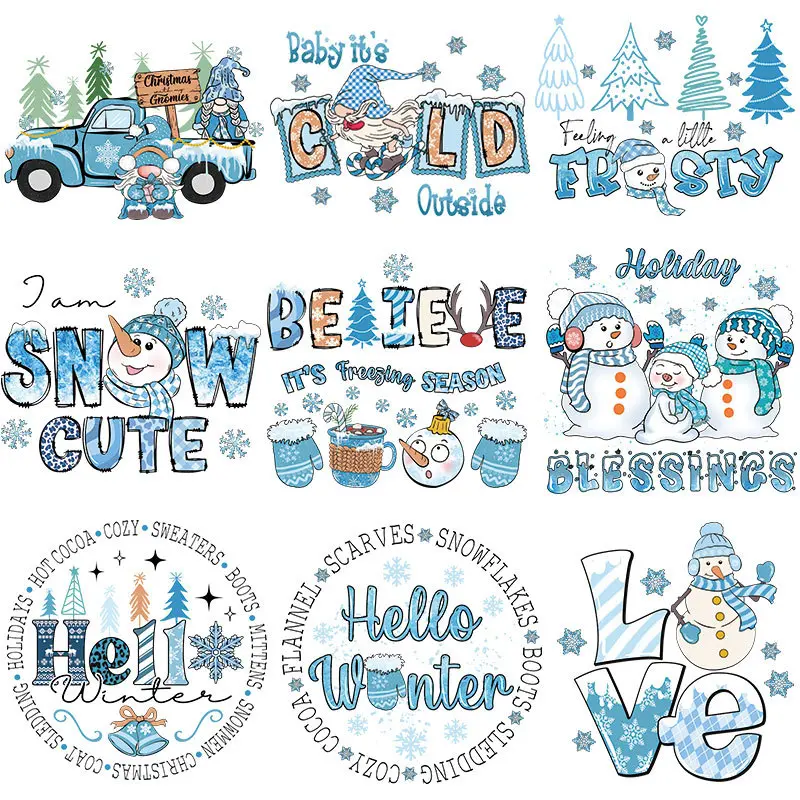 Pack of 9 or 16 blue winter/Christmas-themed heat transfer decals (featuring classic winter motifs such as snowmen and Christmas trees)  suitable for clothing T-shirts、throw pillows、 bags and more—perfect for DIY winter decorations
