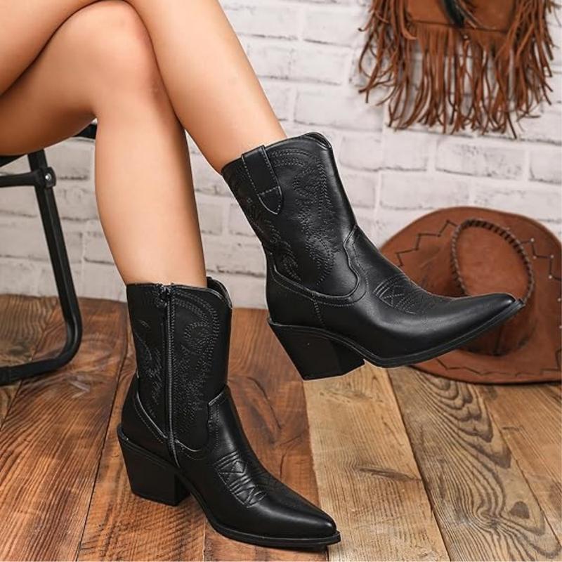 Cowboy Cowgirl Ankle Boots for Women Western Boots with Pointed Toe, Side Zipper and Chunky Heel Design