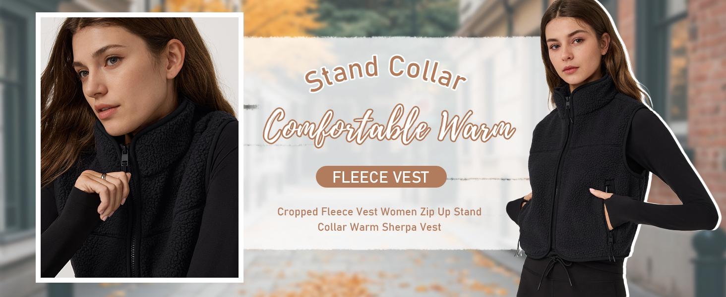 Songling  Short Fleece Vest Women Zip-Up Stand Collar Snow Leopard Vest Cute Sleeveless Fleece Vest with Pockets for Fall Cropped Fabric Womenswear Tops  Casual Winter Beige Basic