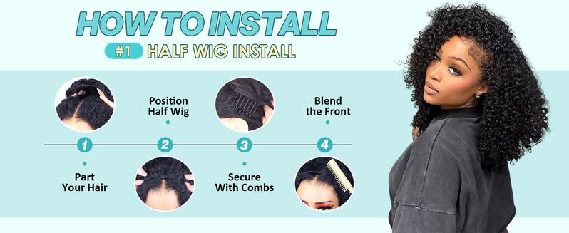 [3 In 1 Half Wig] Hot Star Kinky Curly Wear Go Glueless Wigs Human Hair Wigs for Women Drawstring Seamless Flip Headband Wig Beginner Friendly