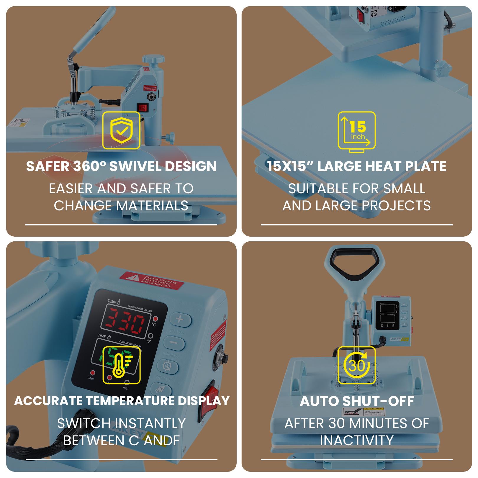 AKEYDIY 5-in-1 Slide-out Heat Press, 15"x15" 360° Swing Away Professional Sublimation Machine for T-shirt Printing, Mug Transfer, Perfect for T-shirts, Mugs, Baseball Caps, Plates, Mousepads