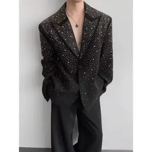 High-end Men's Suit Jacket with Dazzling Personality & Starry Temperament Nightclub Stage Baggy Prom Slim Fit Tuxedo Three-Piece Set Korean Version Long Sleeve Polyester Fabric Beige Black Sash Collar One-Button Formal Wear