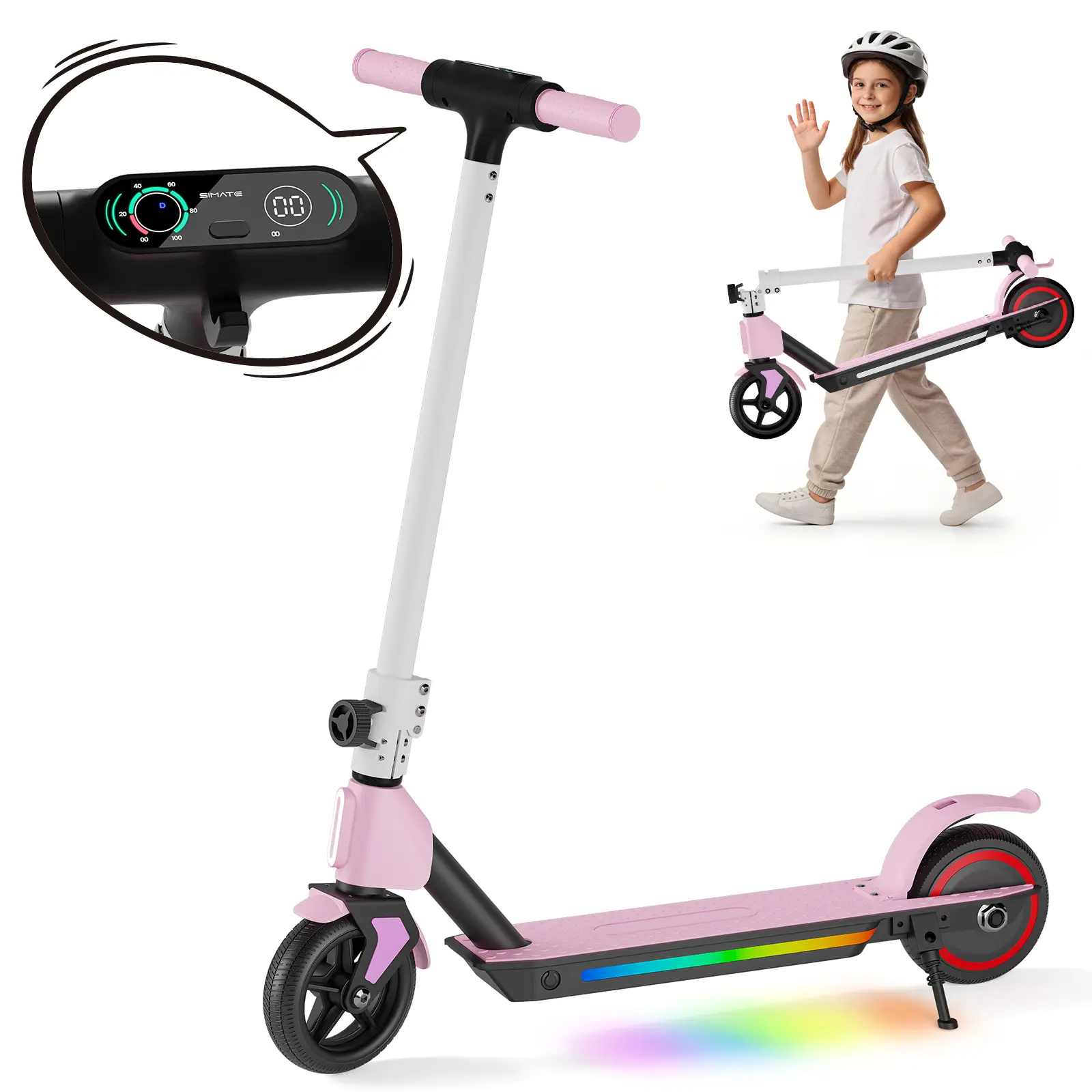 Commugo S2 Kids Electric Scooter for Ages 6-14, 130W Motor, Foldable Design, LED Display, Colorful Lights, Safe Dual-Brake System, Max Speed Functionality summerwins,summerwins