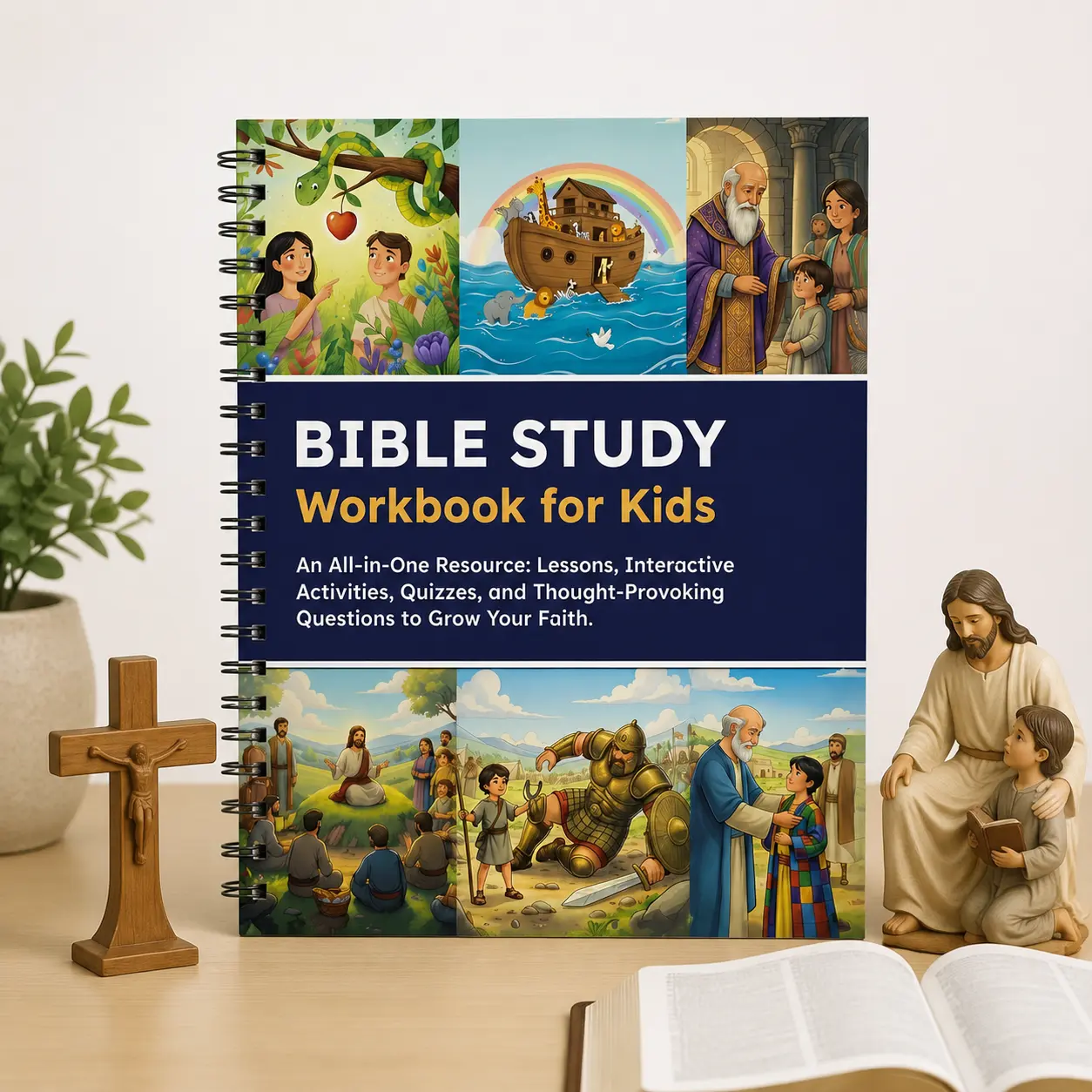 Kids Bible Study Workbook & Christian Journal - Spiral-Bind Office Notebook with Learning Lessons, Activities, Quizzes, Questions, Paper, Printed Pages for Faith Deepening, Children