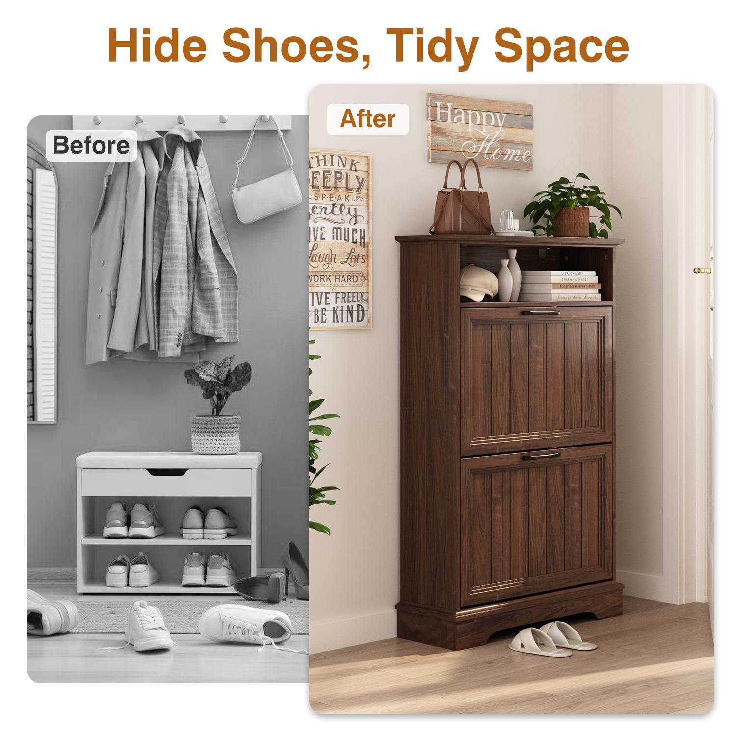 PieDle Shoe Storage Cabinet with 2-4 Flip Drawers, 24" W Farmhouse Modern Hidden Shoes Rack with Adjustable Shelves & Open Storage, Narrow Slim Shoe Organizer for Front Door Entrance, Entryway