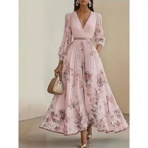 Elegant Olive Green V-Neck A-Line Formal Maxi Dress with Floral Lace Appliqué, Ruffled Bodice & Slit Hem - Machine Washable Women's Wedding, Party & Evening Gown, Wedding Dresses, Wedding Guest Attire, Vneck Design, Pleated Skirt Style, Highquality Fabri