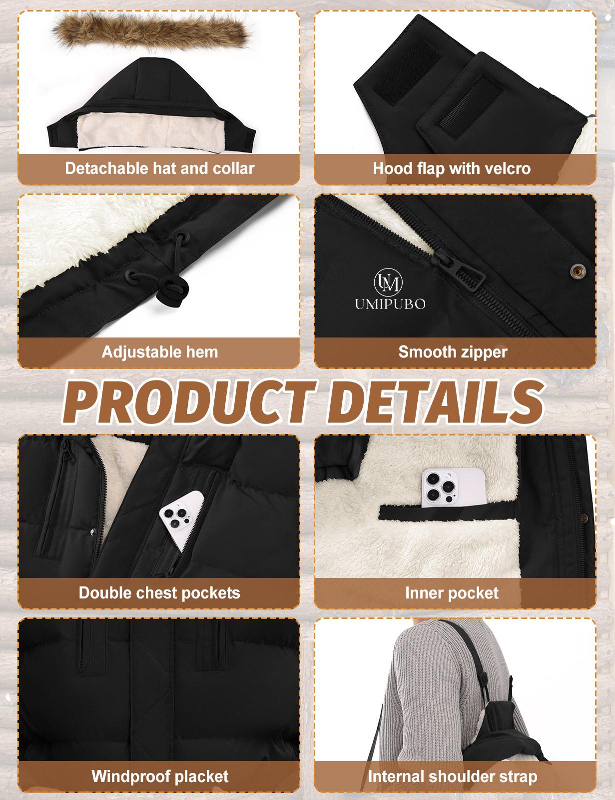 UMIPUBO Men's Winter Warm Jacket Long Puffy Thicken Padded Coat Fleece Windproof Parka Outerwear with Detachable Hood