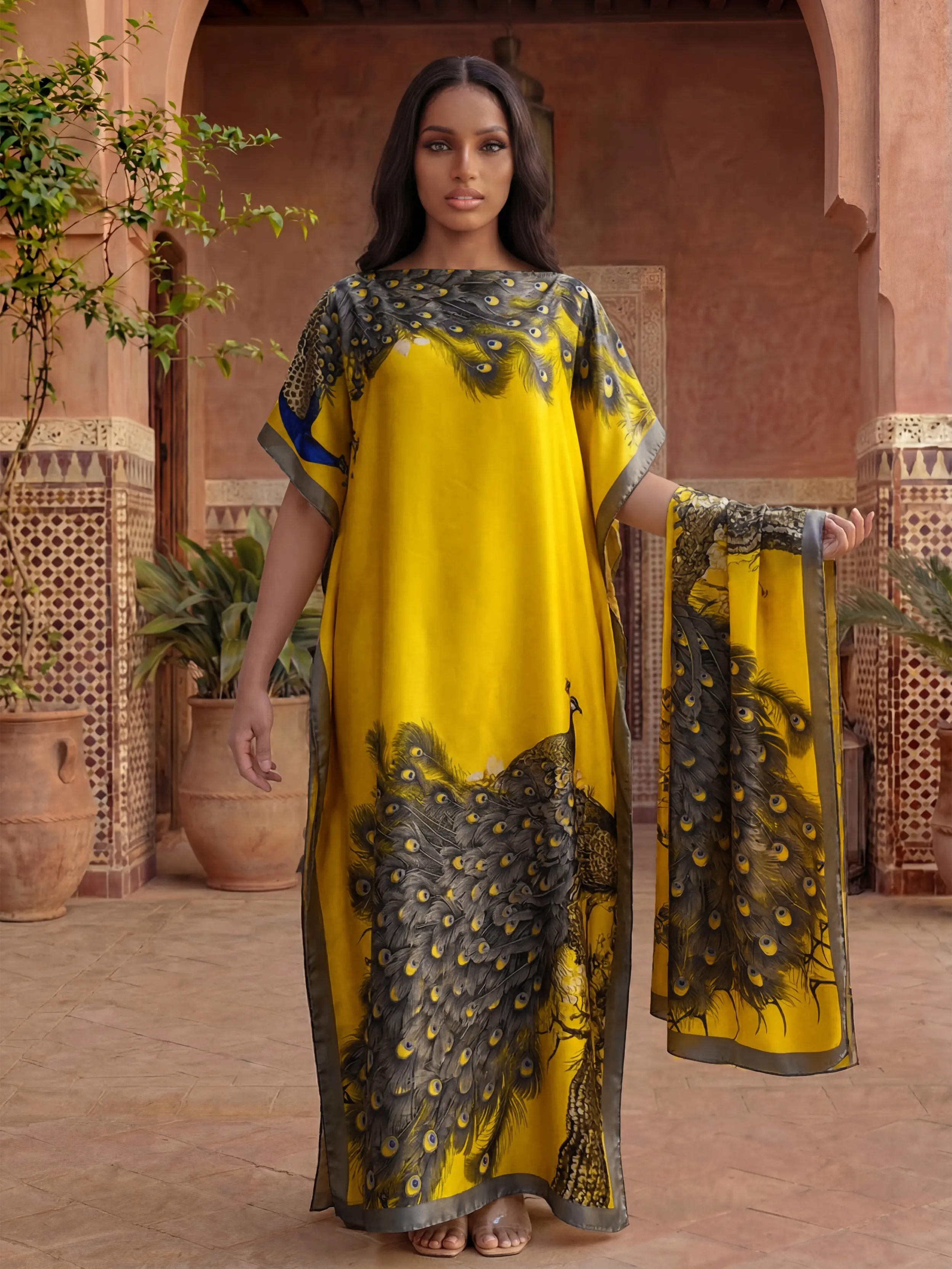 Elegant Animal Print Shawl Set, Kaftan Long Maxi Dress & Scarf, Summer Beach Sun Protection, Casual Fitted Style