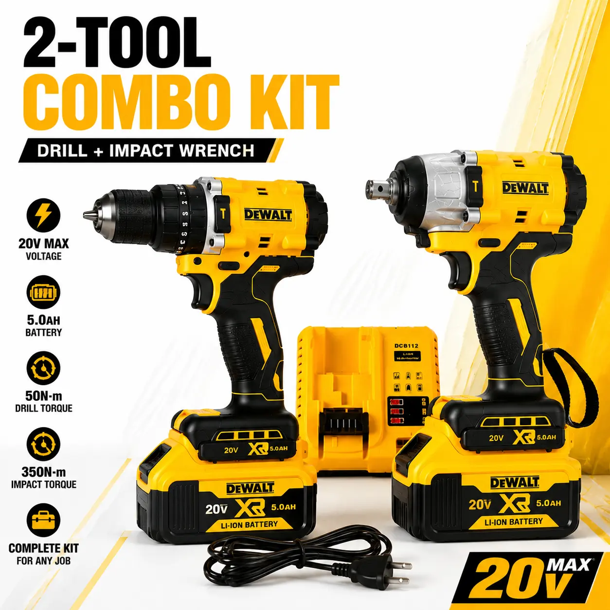 ()DEWALT Cordless Drill & Wrench Combo Kit, High Torque Drilling & Fastening, Durable Metal Parts & High-Strength Plastic Construction, Lightweight Powerful Performance Tool Set for Home Repair & Workshop Use