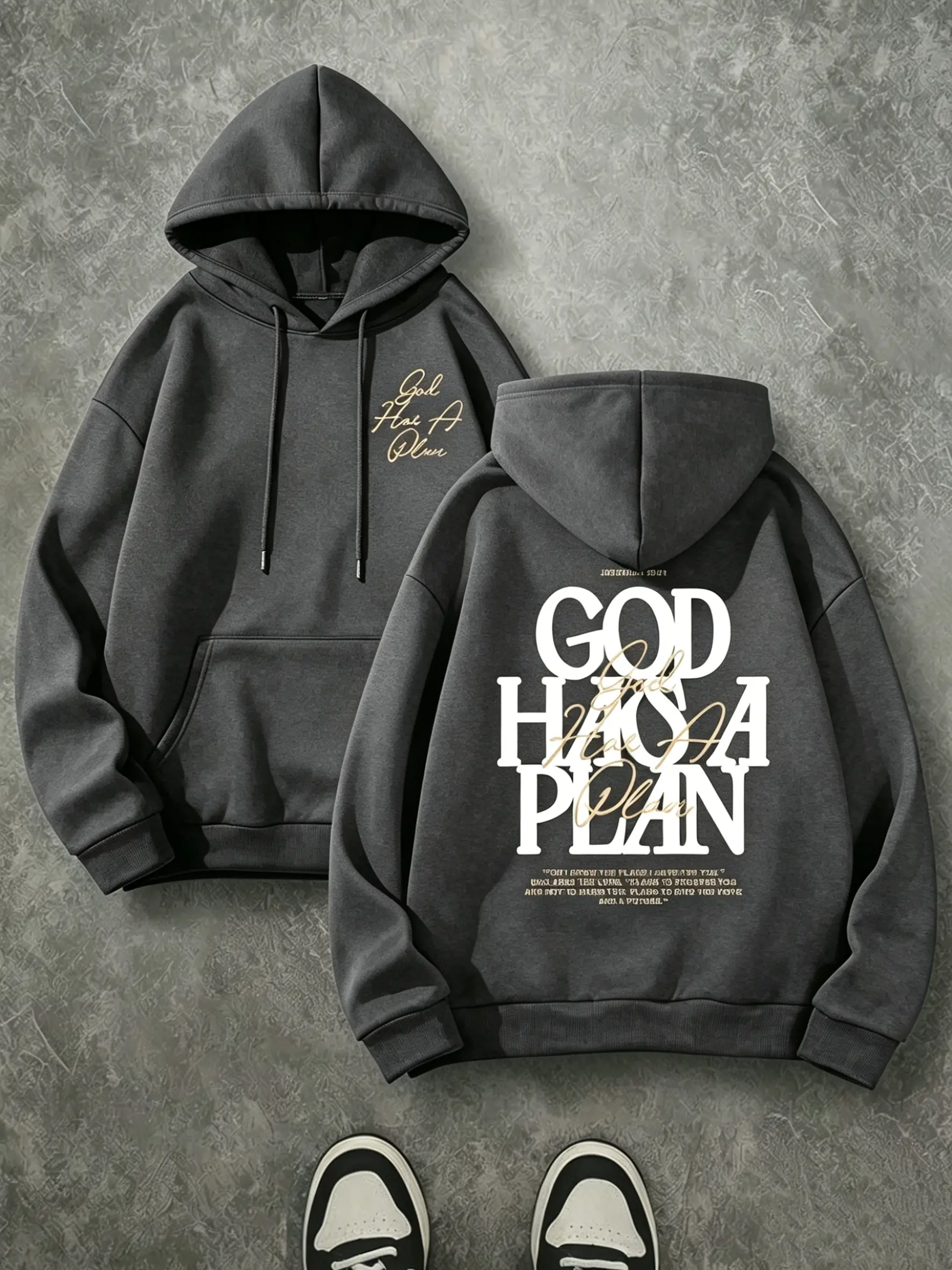Thick 270 Gram Brushed Fleece Christian Hoodie, God Has A Plan Front Cursive & Back Bold Print Drawstring Sweatshirt, Oversized Inspirational Faith Pullover For Fall Winter Daily Wear