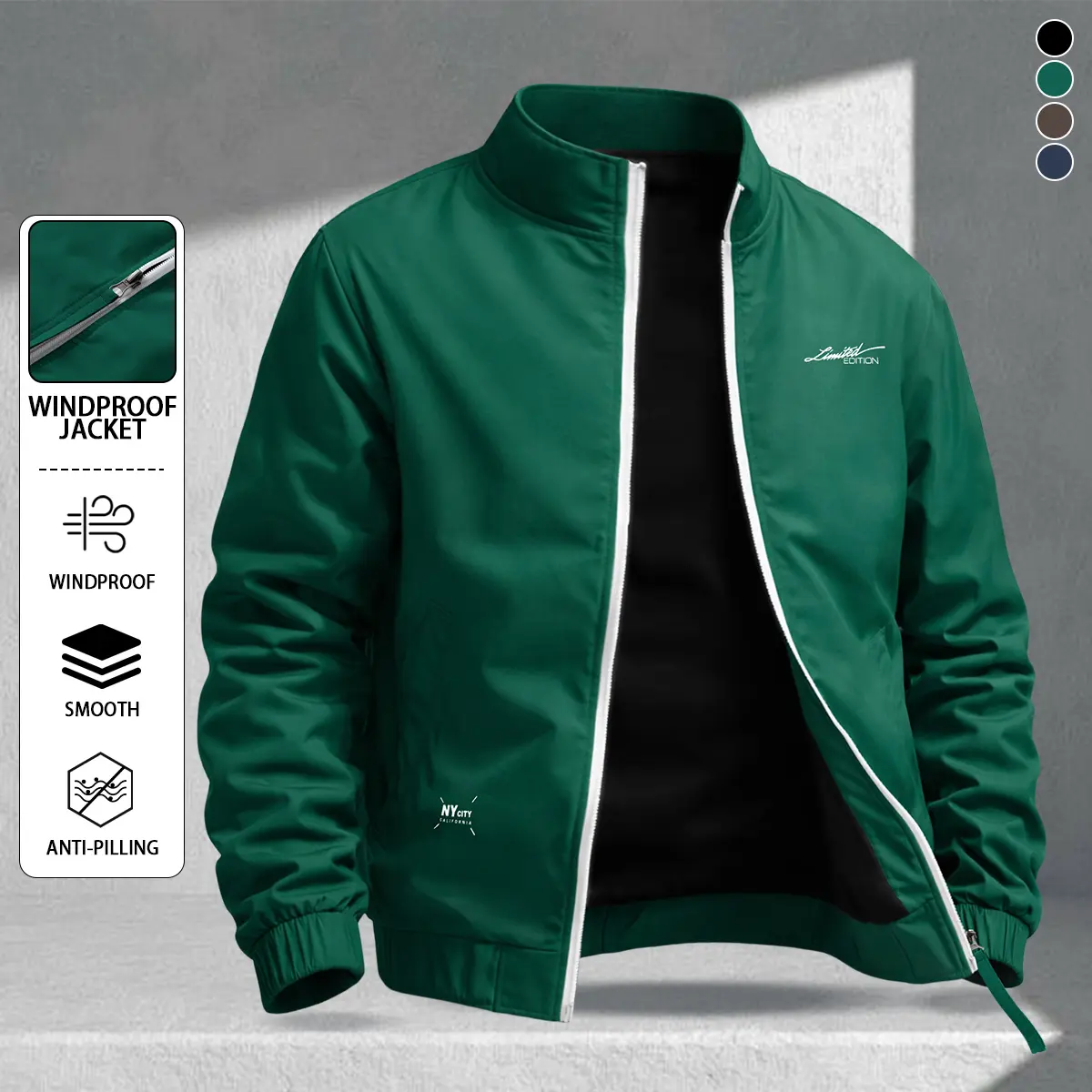 Men's zip-up cardigan, green stand-up collar jacket with contrasting zipper and small letter print, college and commuter casual street style, daily outdoor wear, sports comfortable versatile jacket